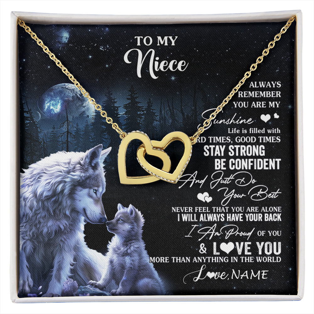 Interlocking Hearts Necklace 18K Yellow Gold Finish | 1 | Personalized To My Niece Wolf Necklace From Aunt Uncle Auntie Always Remember Niece Birthday Graduation Christmas Customized Gift Box Message Card | siriusteestore