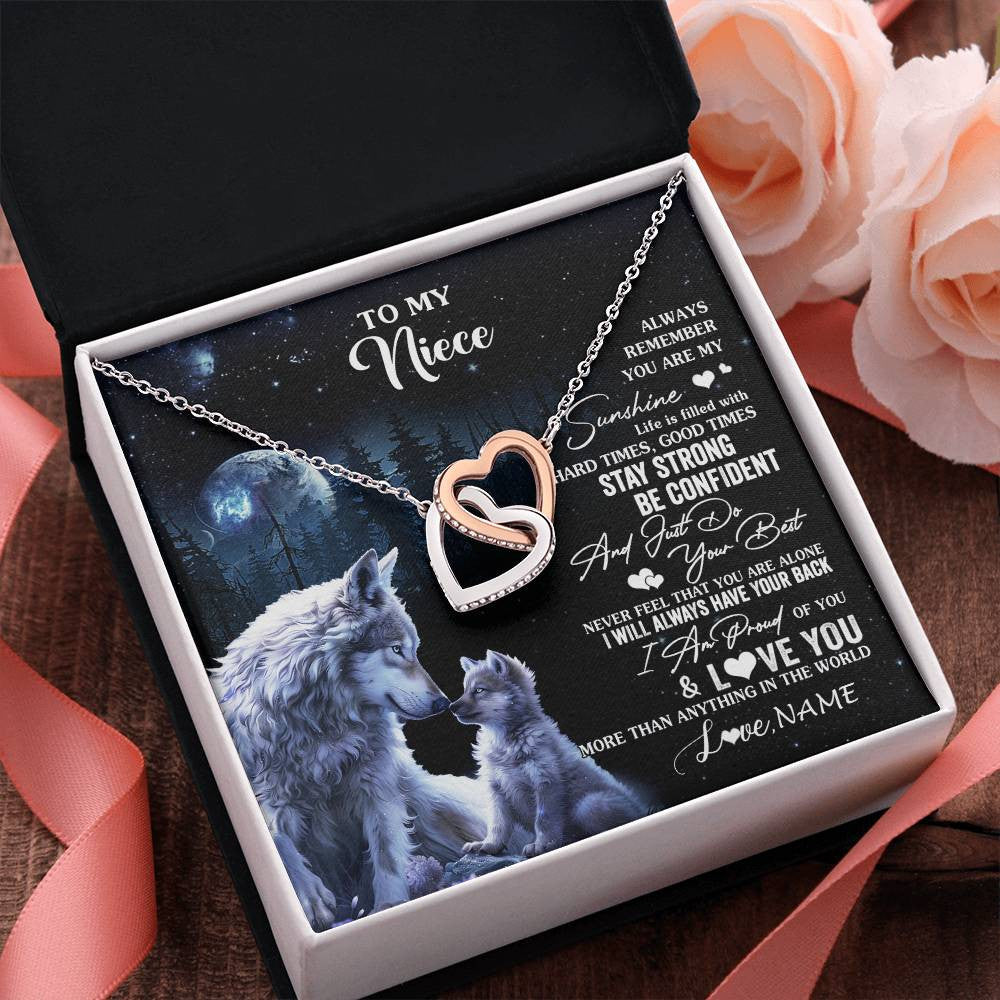 Interlocking Hearts Necklace Stainless Steel & Rose Gold Finish | 2 | Personalized To My Niece Wolf Necklace From Aunt Uncle Auntie Always Remember Niece Birthday Graduation Christmas Customized Gift Box Message Card | siriusteestore