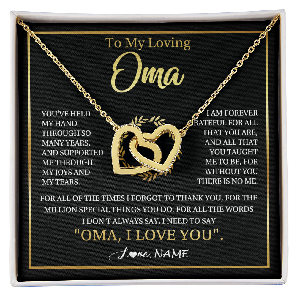 Interlocking Hearts Necklace 18K Yellow Gold Finish | 1 | Personalized To My Oma Gifts Necklace From Granddaughter Grandson Grateful Thank You Oma Birthday Mothers Day Christmas Customized Gift Box Message Card | siriusteestore