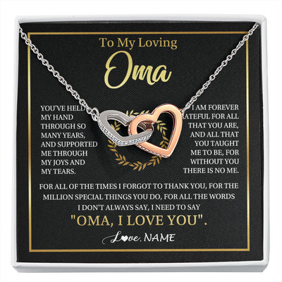 Interlocking Hearts Necklace Stainless Steel & Rose Gold Finish | 1 | Personalized To My Oma Gifts Necklace From Granddaughter Grandson Grateful Thank You Oma Birthday Mothers Day Christmas Customized Gift Box Message Card | siriusteestore