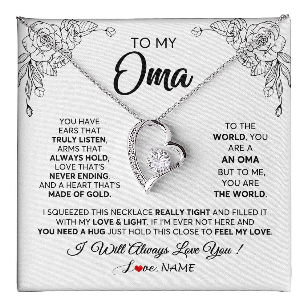 Forever Love Necklace 14K White Gold Finish | 1 | Personalized To My Oma Necklace From Grandkids Granddaughter Hold This Close Feel My Love Oma Birthday Mothers Day Christmas Customized Gift Box Message Card | siriusteestore
