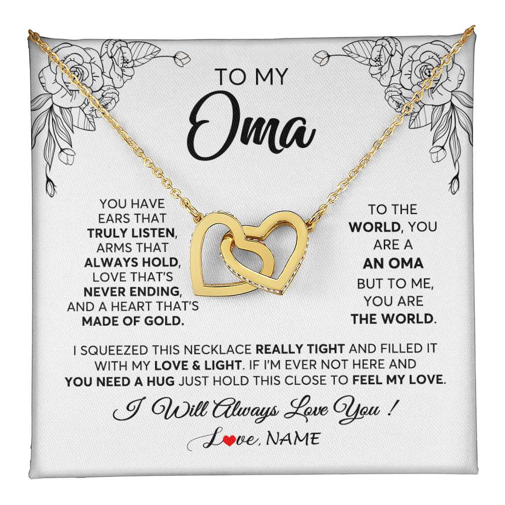 Interlocking Hearts Necklace 18K Yellow Gold Finish | 1 | Personalized To My Oma Necklace From Grandkids Granddaughter Hold This Close Feel My Love Oma Birthday Mothers Day Christmas Customized Gift Box Message Card | siriusteestore