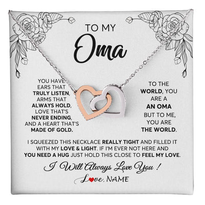 Interlocking Hearts Necklace Stainless Steel & Rose Gold Finish | 1 | Personalized To My Oma Necklace From Grandkids Granddaughter Hold This Close Feel My Love Oma Birthday Mothers Day Christmas Customized Gift Box Message Card | siriusteestore