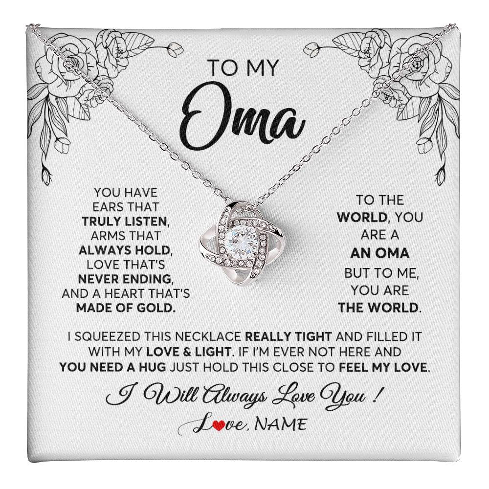 Love Knot Necklace 14K White Gold Finish | 1 | Personalized To My Oma Necklace From Grandkids Granddaughter Hold This Close Feel My Love Oma Birthday Mothers Day Christmas Customized Gift Box Message Card | siriusteestore