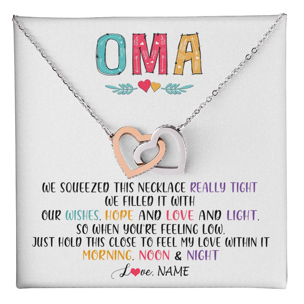 Interlocking Hearts Necklace Stainless Steel & Rose Gold Finish | 1 | Personalized To My Oma Necklace From Grandkids Granddaughter We Squeezed This Necklace Oma Birthday Mothers Day Christmas Customized Gift Box Message Card | siriusteestore