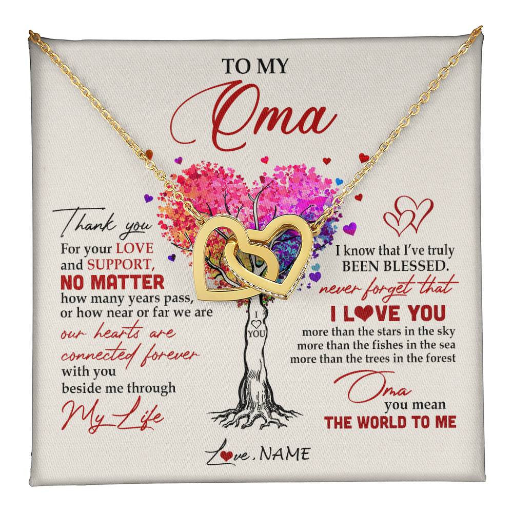 Interlocking Hearts Necklace 18K Yellow Gold Finish | 1 | Personalized To My Oma Necklace From Grandkids Never Forget That I Love You You Mean The World Oma Birthday Mothers Day Christmas Customized Gift Box Message Card | siriusteestore