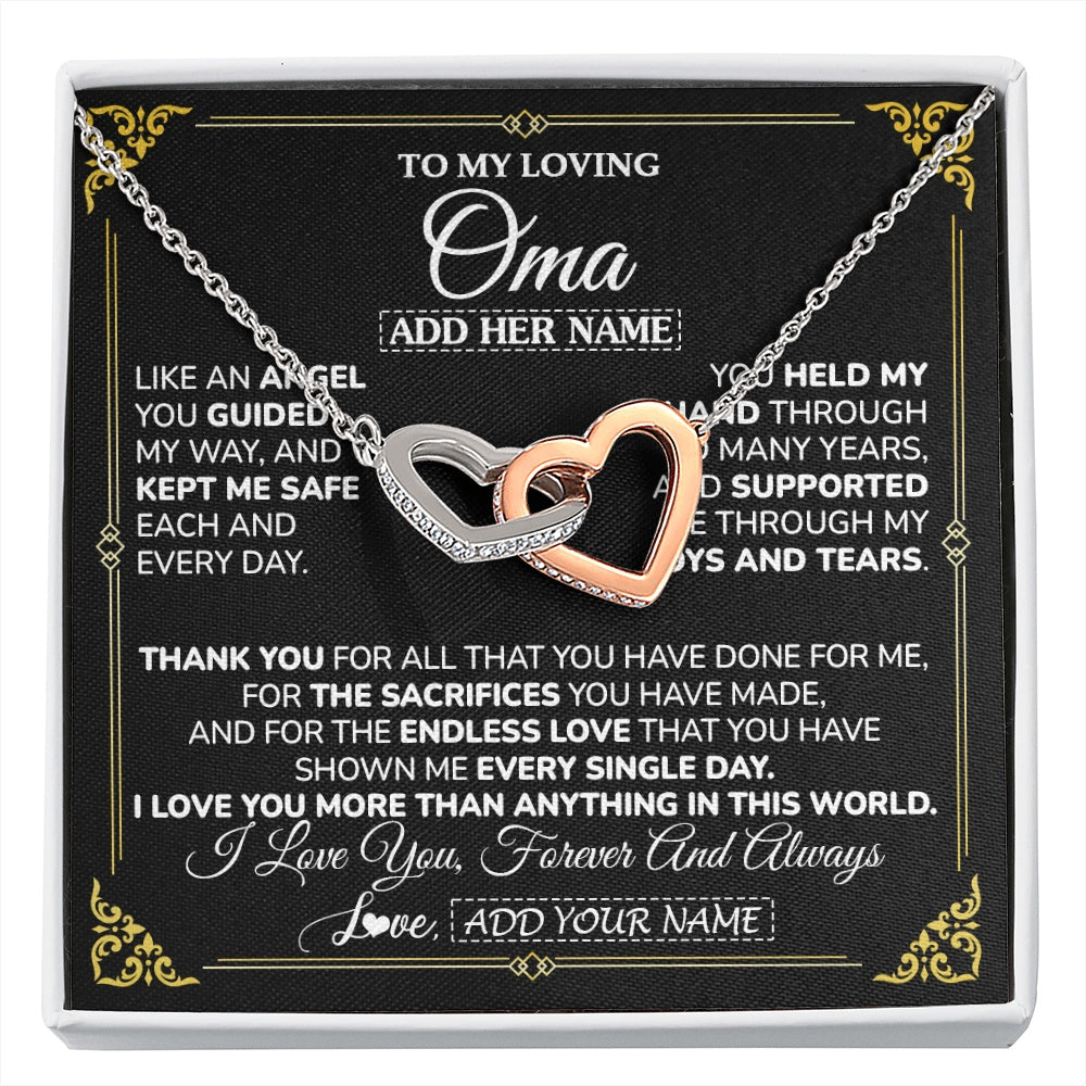 Interlocking Hearts Necklace Stainless Steel & Rose Gold Finish | 1 | Personalized To My Oma Necklace Gifts Meaningful Gift To Oma From Granddaughter Without You There Is No Me Mothers Day Birthday Gift Box Message Card | https://siriusteestore.