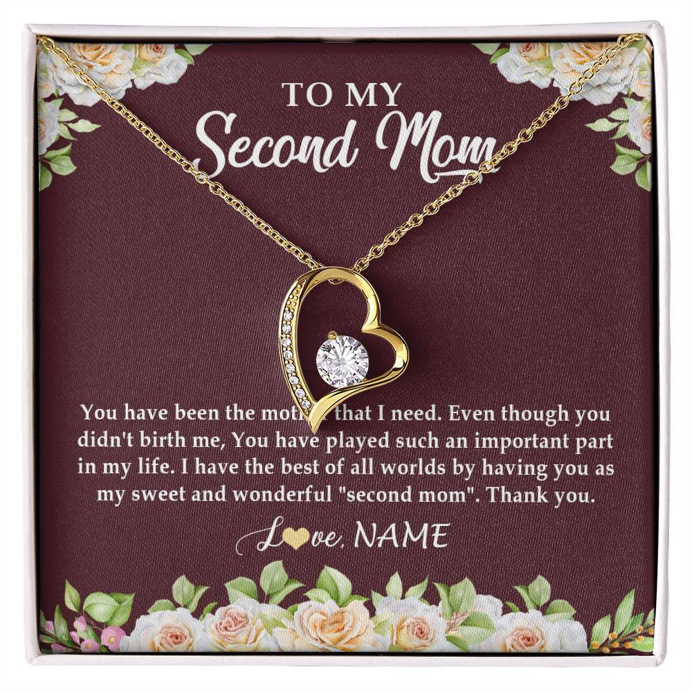 Forever Love Necklace 18K Yellow Gold Finish | Personalized To My Second Mom Necklace Sweet Wonderful Mother In Law Stepmother Stepmom Jewelry Birthday Mothers Day Christmas Customized Gift Box Message Card | siriusteestore