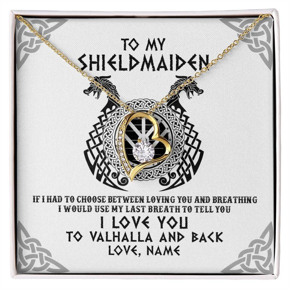 Forever Love Necklace 18K Yellow Gold Finish | Personalized To My Shieldmaiden Necklace From Husband I Love You to Valhalla Viking Jewelry Women Birthday Wife Girlfriend Anniversary Customized Message Card | siriusteestore