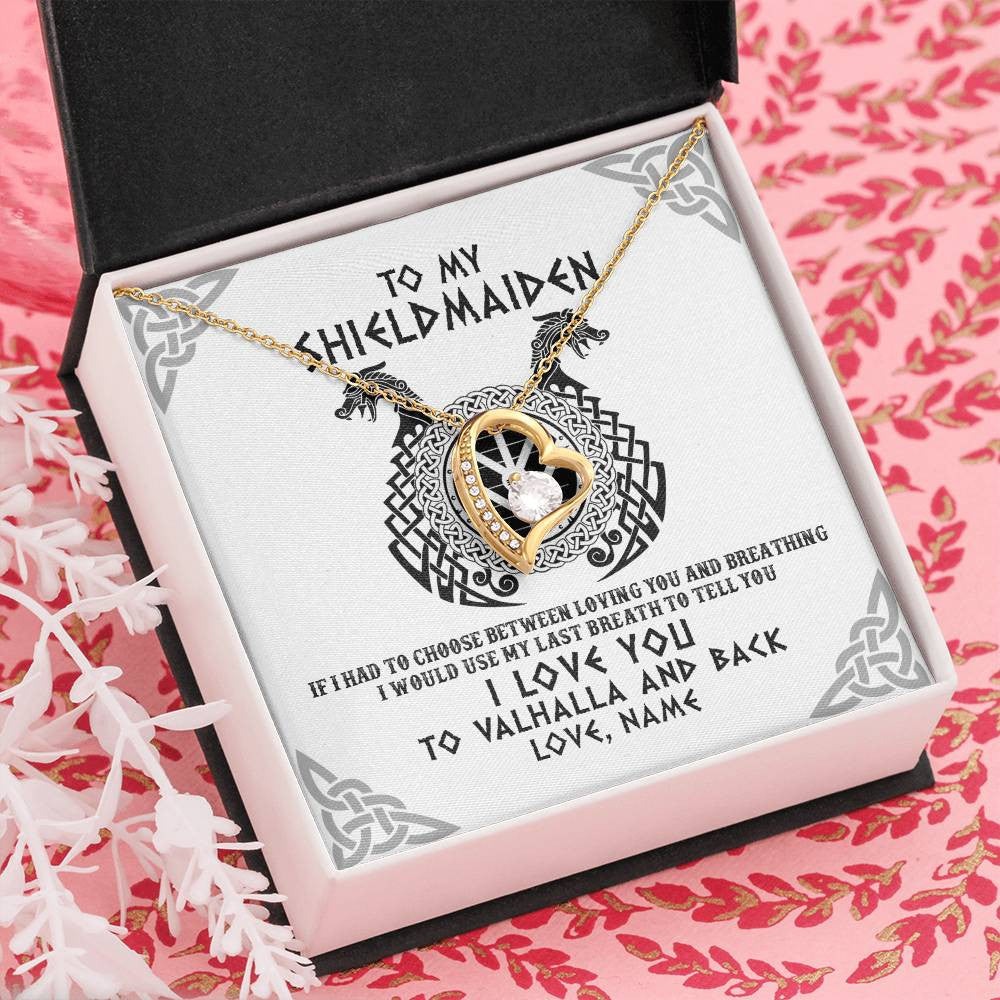Forever Love Necklace 18K Yellow Gold Finish | Personalized To My Shieldmaiden Necklace From Husband I Love You to Valhalla Viking Jewelry Women Birthday Wife Girlfriend Anniversary Customized Message Card | siriusteestore