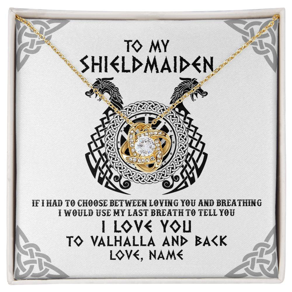 Love Knot Necklace 18K Yellow Gold Finish | Personalized To My Shieldmaiden Necklace From Husband I Love You to Valhalla Viking Jewelry Women Birthday Wife Girlfriend Anniversary Customized Message Card | siriusteestore