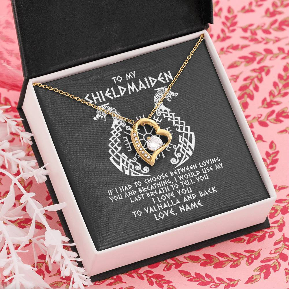 Forever Love Necklace 18K Yellow Gold Finish | Personalized To My Shieldmaiden Necklace From Viking I Love You For Wife From Husband Girlfriend From Boyfriend Birthday Valentines Day Customized Message Card | siriusteestore