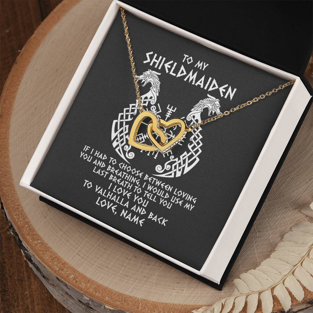 Interlocking Hearts Necklace 18K Yellow Gold Finish | Personalized To My Shieldmaiden Necklace From Viking I Love You For Wife From Husband Girlfriend From Boyfriend Birthday Valentines Day Customized Message Card | siriusteestore