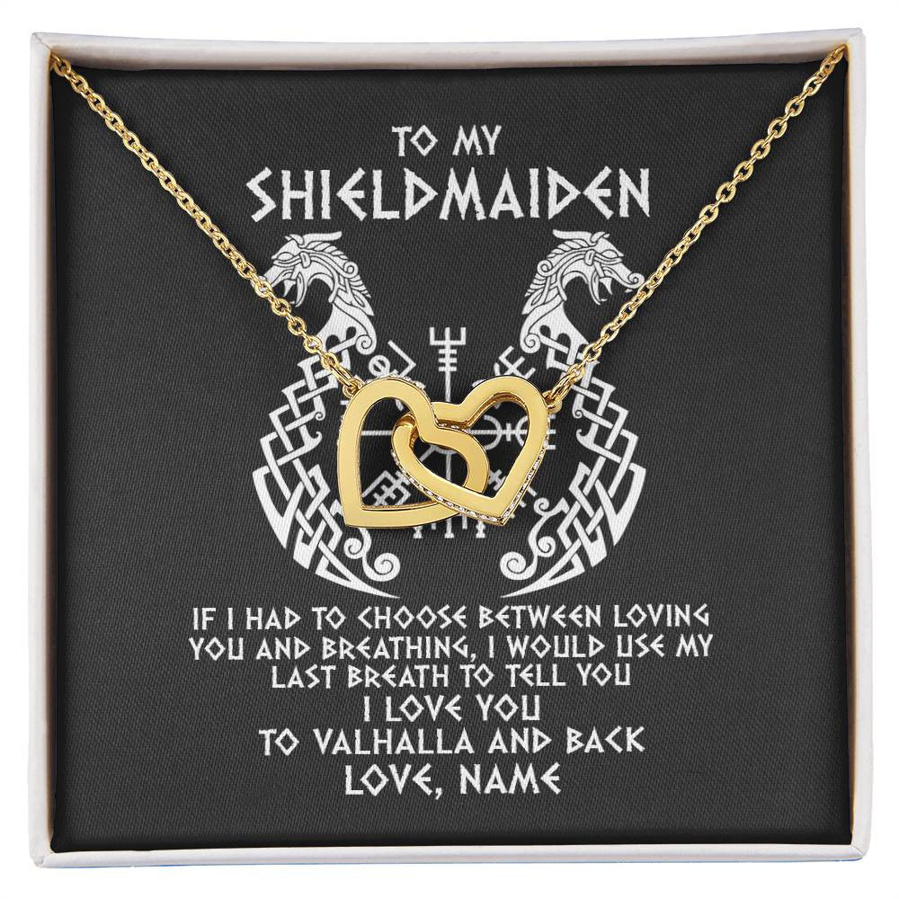 Interlocking Hearts Necklace 18K Yellow Gold Finish | Personalized To My Shieldmaiden Necklace From Viking I Love You For Wife From Husband Girlfriend From Boyfriend Birthday Valentines Day Customized Message Card | siriusteestore