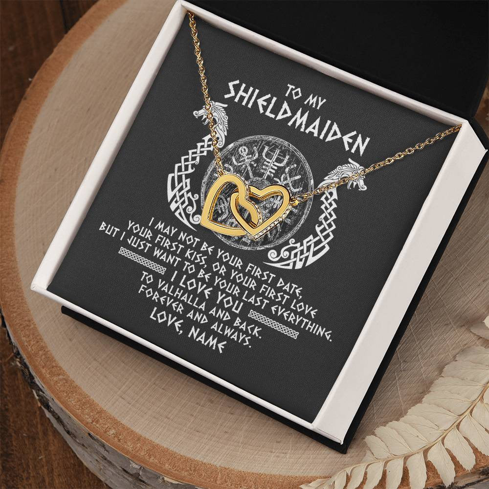 Interlocking Hearts Necklace 18K Yellow Gold Finish | Personalized To My Shieldmaiden Necklace Viking I Love You to Valhalla Jewelry For Wife Girlfriend From Husband Birthday Anniversary Customized Message Card | siriusteestore