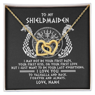 Interlocking Hearts Necklace 18K Yellow Gold Finish | Personalized To My Shieldmaiden Necklace Viking I Love You to Valhalla Jewelry For Wife Girlfriend From Husband Birthday Anniversary Customized Message Card | siriusteestore