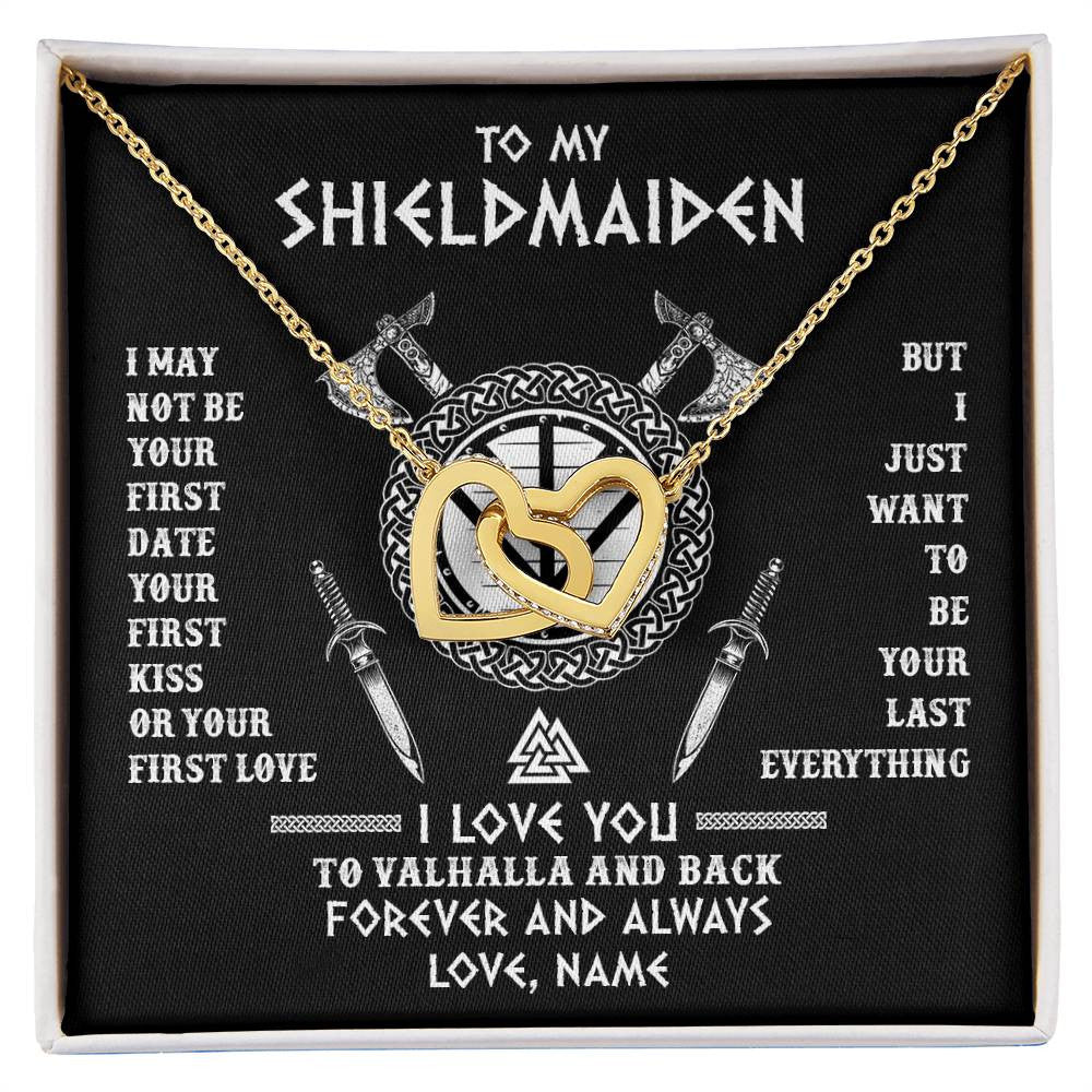 Interlocking Hearts Necklace 18K Yellow Gold Finish | 1 | Personalized To My Shieldmaiden Viking Necklace I Love You To Valhalla And Back Wife Girlfriend Women Birthday Anniversary Customized Gift Box Message Card | siriusteestore