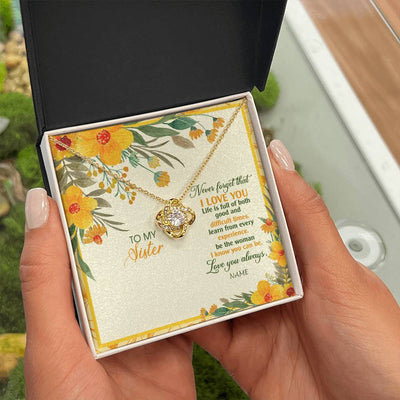 Love Knot Necklace 18K Yellow Gold Finish | Personalized To My Sister Necklace From Brother Flower Never Forget That I Love You Sister Birthday Christmas Graduation Customized Gift Box Message Card | siriusteestore