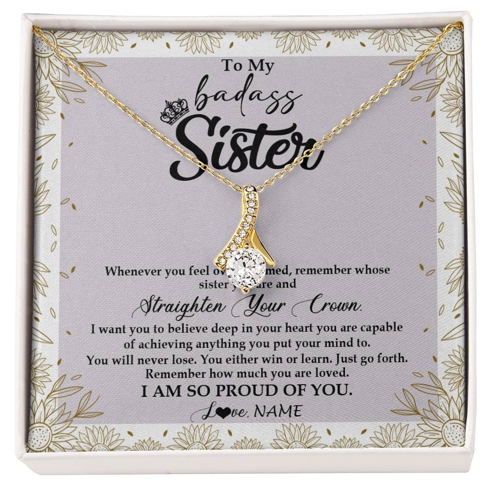 Alluring Beauty Necklace 18K Yellow Gold Finish | Personalized To My Sister Necklace From Brother Sister Straighten Your Crown Sister Birthday Christmas Graduation Jewelry Customized Gift Box Message Card | siriusteestore