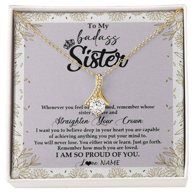 Alluring Beauty Necklace 18K Yellow Gold Finish | Personalized To My Sister Necklace From Brother Sister Straighten Your Crown Sister Birthday Christmas Graduation Jewelry Customized Gift Box Message Card | siriusteestore