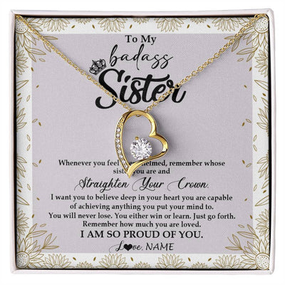 Forever Love Necklace 18K Yellow Gold Finish | Personalized To My Sister Necklace From Brother Sister Straighten Your Crown Sister Birthday Christmas Graduation Jewelry Customized Gift Box Message Card | siriusteestore