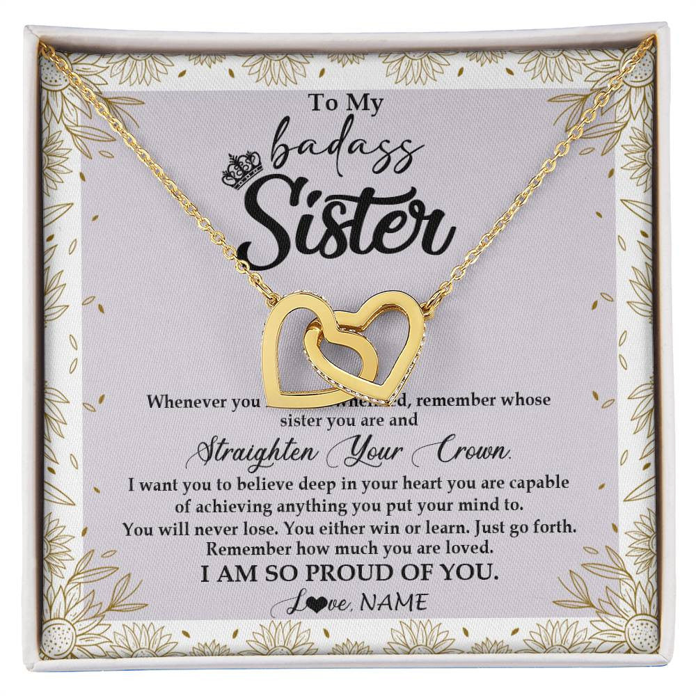 Interlocking Hearts Necklace 18K Yellow Gold Finish | Personalized To My Sister Necklace From Brother Sister Straighten Your Crown Sister Birthday Christmas Graduation Jewelry Customized Gift Box Message Card | siriusteestore