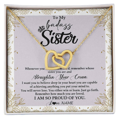 Interlocking Hearts Necklace 18K Yellow Gold Finish | Personalized To My Sister Necklace From Brother Sister Straighten Your Crown Sister Birthday Christmas Graduation Jewelry Customized Gift Box Message Card | siriusteestore