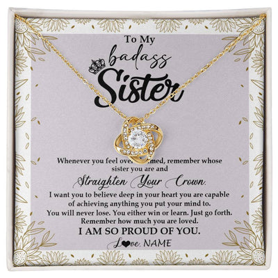 Love Knot Necklace 18K Yellow Gold Finish | Personalized To My Sister Necklace From Brother Sister Straighten Your Crown Sister Birthday Christmas Graduation Jewelry Customized Gift Box Message Card | siriusteestore