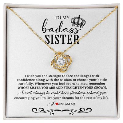 Love Knot Necklace 18K Yellow Gold Finish | Personalized To My Sister Necklace From Brother Sister Wish You The Strength Sister Birthday Christmas Graduation Jewelry Customized Gift Box Message Card | siriusteestore