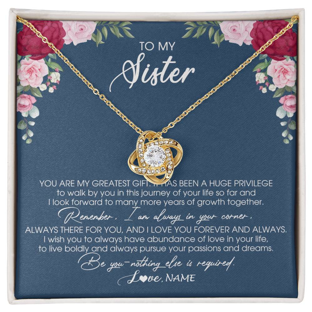 Love Knot Necklace 18K Yellow Gold Finish | Personalized To My Sister Necklace From Brother Sister You Are My Greatest Gift Sister Birthday Christmas Customized Jewelry Gift Box Message Card | siriusteestore