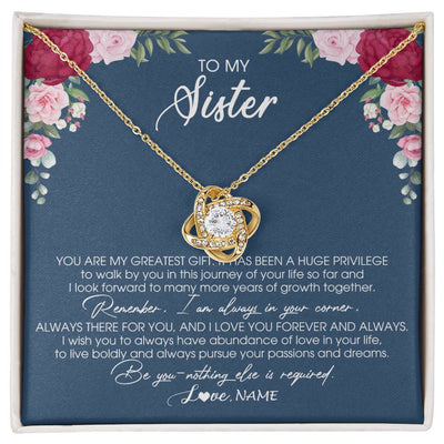 Love Knot Necklace 18K Yellow Gold Finish | Personalized To My Sister Necklace From Brother Sister You Are My Greatest Gift Sister Birthday Christmas Customized Jewelry Gift Box Message Card | siriusteestore