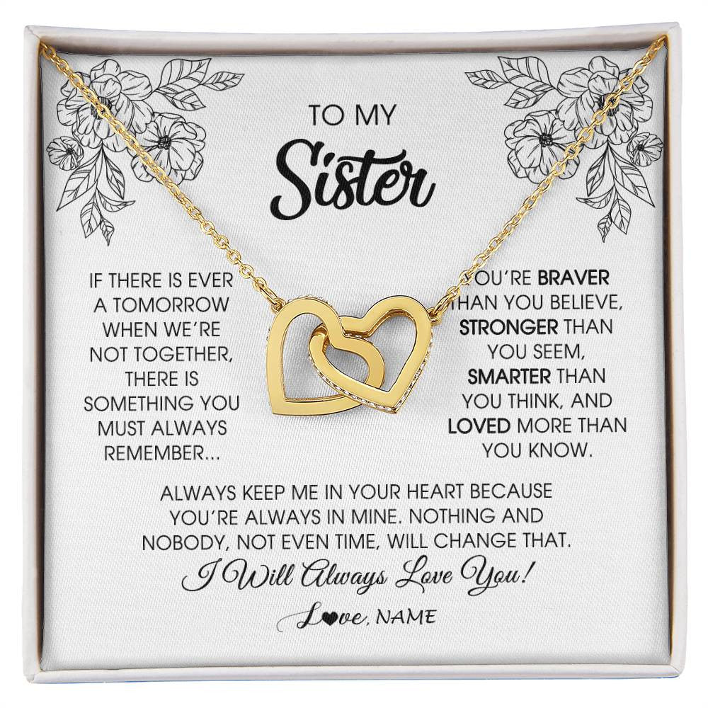 Interlocking Hearts Necklace 18K Yellow Gold Finish | Personalized To My Sister Necklace From Brother Sister You're Braver Stronger Smarter Sister Birthday Christmas Customized Jewelry Gift Box Message Card | siriusteestore
