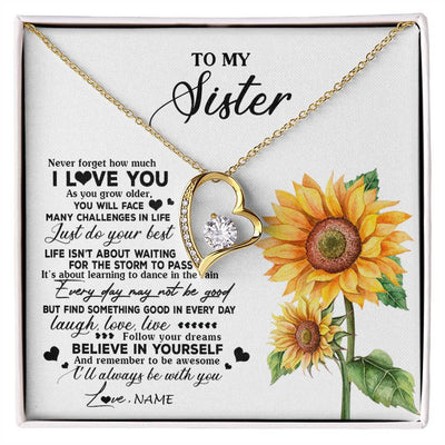 Forever Love Necklace 18K Yellow Gold Finish | 1 | Personalized To My Sister Necklace From Brother Sunflower Wood Laugh Love Live Sister Birthday Graduation Christmas Customized Gift Box Message Card | siriusteestore
