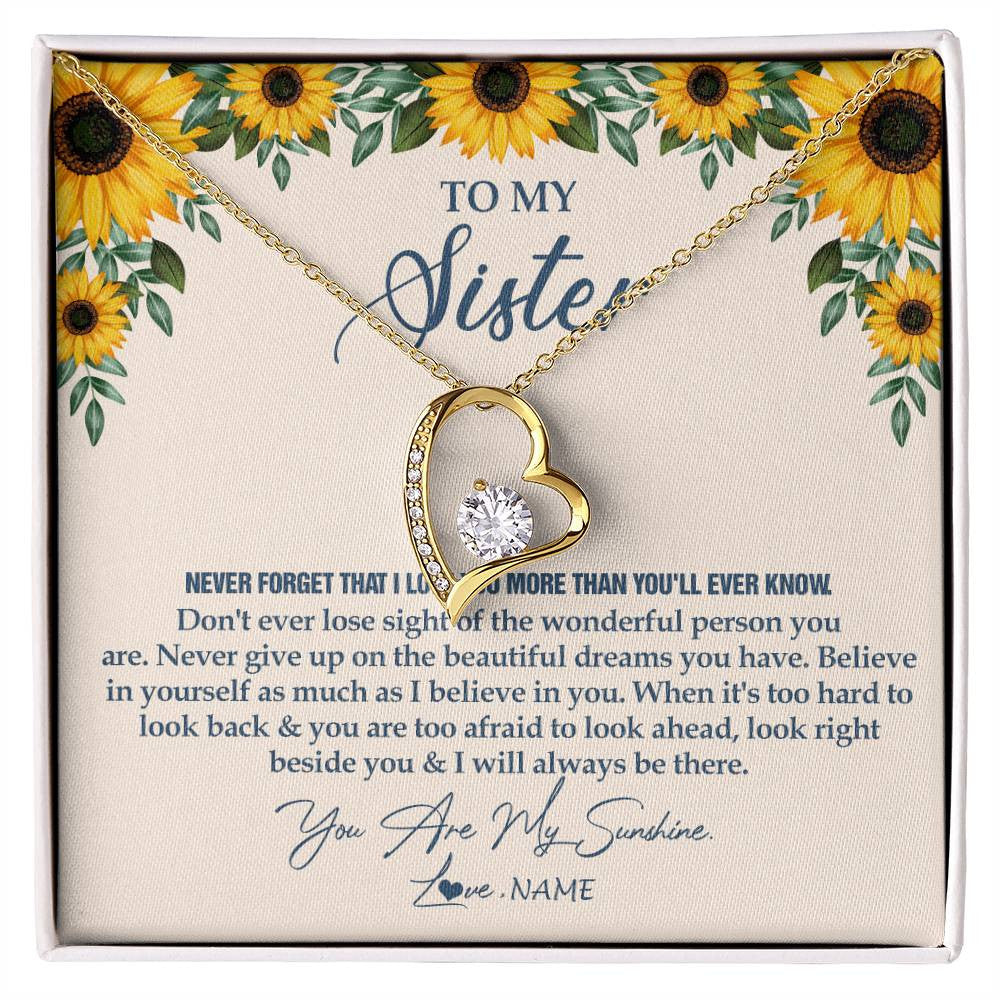 Forever Love Necklace 18K Yellow Gold Finish | Personalized To My Sister Necklace From Brother Sunflower You Are My Sunshine Sister Jewelry Graduation Birthday Christmas Customized Gift Box Message Card | siriusteestore