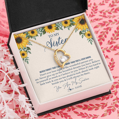 Forever Love Necklace 18K Yellow Gold Finish | Personalized To My Sister Necklace From Brother Sunflower You Are My Sunshine Sister Jewelry Graduation Birthday Christmas Customized Gift Box Message Card | siriusteestore