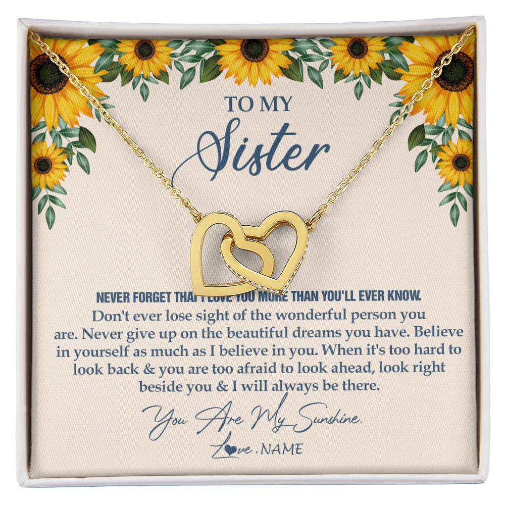 Interlocking Hearts Necklace 18K Yellow Gold Finish | Personalized To My Sister Necklace From Brother Sunflower You Are My Sunshine Sister Jewelry Graduation Birthday Christmas Customized Gift Box Message Card | siriusteestore