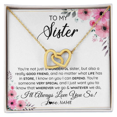 Interlocking Hearts Necklace 18K Yellow Gold Finish | 1 | Personalized To My Sister Necklace From Little Sister Big Sister A Wonderful Sister Best Friend Birthday Christmas Jewelry Customized Gift Box Message Card | siriusteestore
