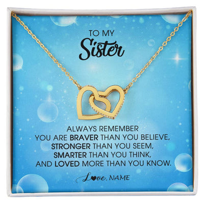 Interlocking Hearts Necklace 18K Yellow Gold Finish | Personalized To My Sister Necklace From Sister Brother Always Remember You Are Braver Sister Pendant Jewelry Birthday Christmas Customized Message Card | siriusteestore