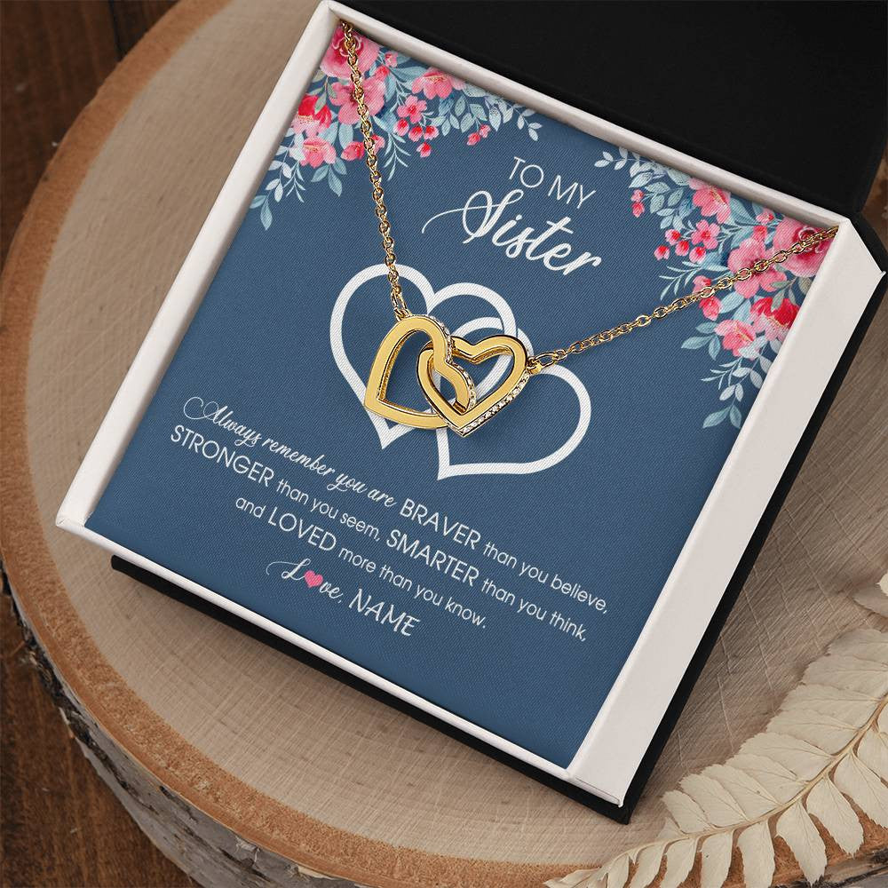 Interlocking Hearts Necklace 18K Yellow Gold Finish | Personalized To My Sister Necklace From Sister Brother Braver Stronger Smarter Loved Sister Pendant Jewelry Birthday Christmas Customized Message Card | siriusteestore