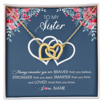 Interlocking Hearts Necklace 18K Yellow Gold Finish | Personalized To My Sister Necklace From Sister Brother Braver Stronger Smarter Loved Sister Pendant Jewelry Birthday Christmas Customized Message Card | siriusteestore