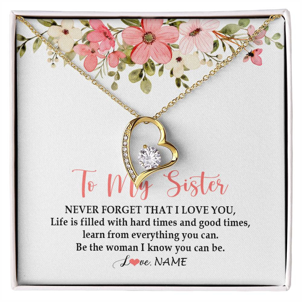 Forever Love Necklace 18K Yellow Gold Finish | Personalized To My Sister Necklace From Sister Brother Never Forget That I Love You Sister Pendant Jewelry Birthday Christmas Customized Gift Box Message Card | siriusteestore