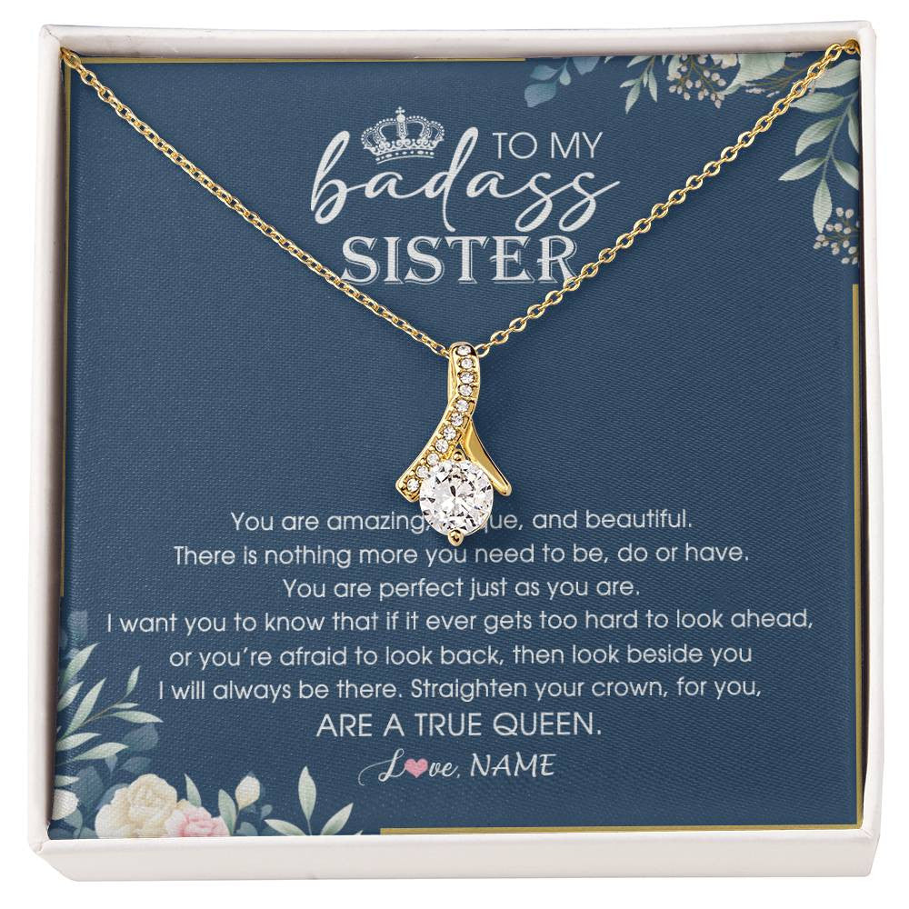 Alluring Beauty Necklace 18K Yellow Gold Finish | 1 | Personalized To My Sister Necklace From Sister Brother Straighten Your Crown Queen Sister Pendant Jewelry Birthday Christmas Customized Gift Box Message Card | siriusteestore