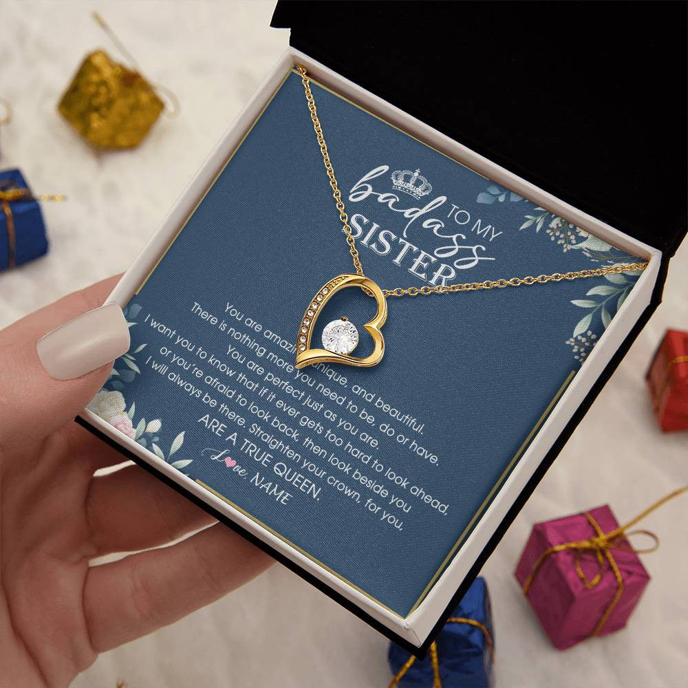Forever Love Necklace 18K Yellow Gold Finish | 2 | Personalized To My Sister Necklace From Sister Brother Straighten Your Crown Queen Sister Pendant Jewelry Birthday Christmas Customized Gift Box Message Card | siriusteestore