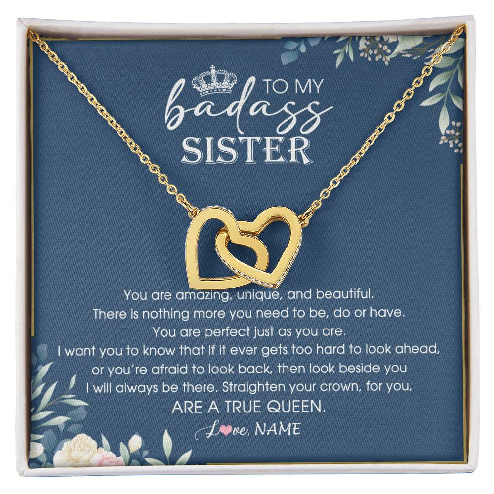 Interlocking Hearts Necklace 18K Yellow Gold Finish | 1 | Personalized To My Sister Necklace From Sister Brother Straighten Your Crown Queen Sister Pendant Jewelry Birthday Christmas Customized Gift Box Message Card | siriusteestore