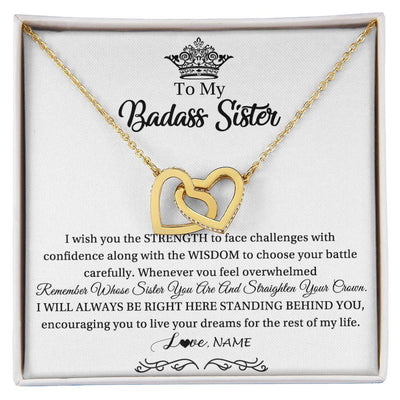 Interlocking Hearts Necklace 18K Yellow Gold Finish | Personalized To My Sister Necklace From Sister Brother Straighten Your Crown Sister Pendant Jewelry Birthday Christmas Customized Gift Box Message Card | siriusteestore