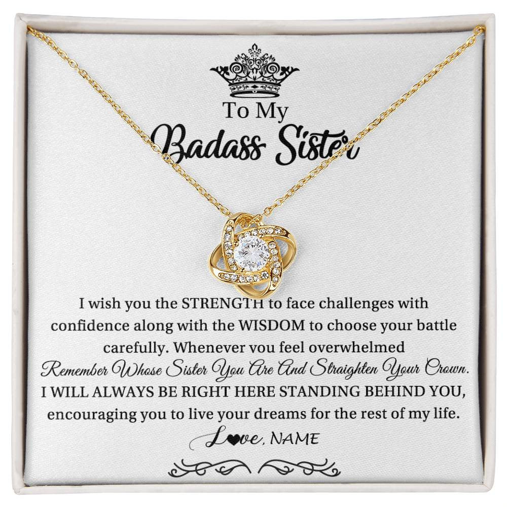 Love Knot Necklace 18K Yellow Gold Finish | Personalized To My Sister Necklace From Sister Brother Straighten Your Crown Sister Pendant Jewelry Birthday Christmas Customized Gift Box Message Card | siriusteestore