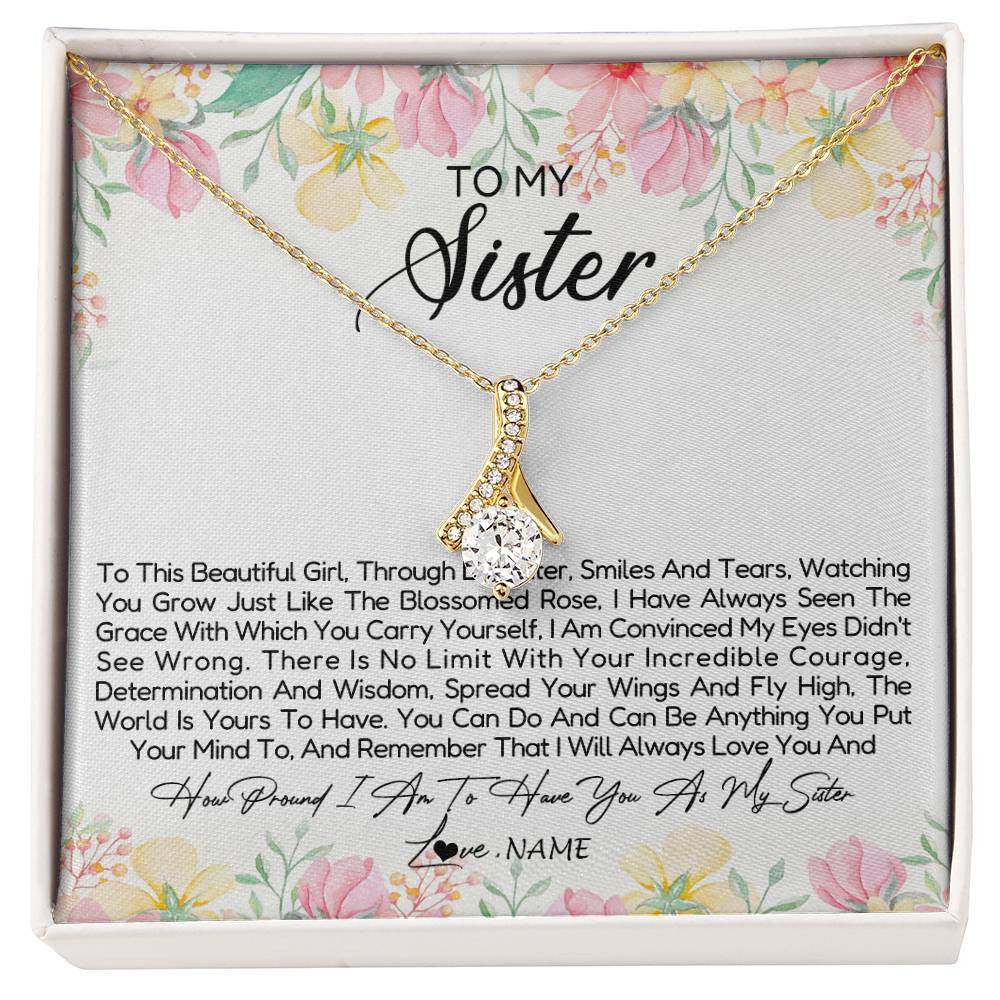 Alluring Beauty Necklace 18K Yellow Gold Finish | Personalized To My Sister Necklace From Sister Brother To This Beautiful Girl Sister Pendant Jewelry Birthday Christmas Customized Gift Box Message Card | siriusteestore