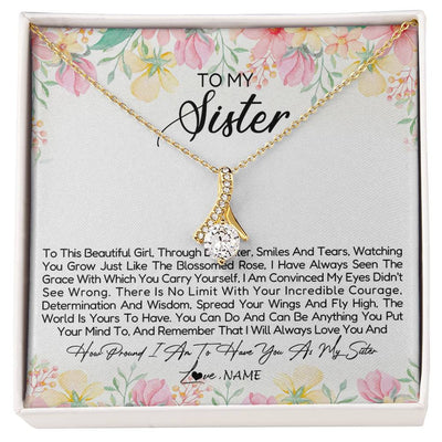 Alluring Beauty Necklace 18K Yellow Gold Finish | Personalized To My Sister Necklace From Sister Brother To This Beautiful Girl Sister Pendant Jewelry Birthday Christmas Customized Gift Box Message Card | siriusteestore
