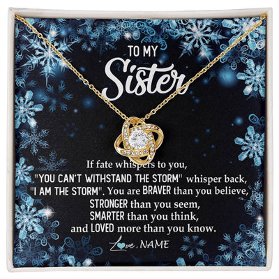 Love Knot Necklace 18K Yellow Gold Finish | Personalized To My Sister Necklace From Sister Brother Whisper Back I Am The Storm Sister Pendant Jewelry Birthday Graduation Christmas Customized Message Card | siriusteestore