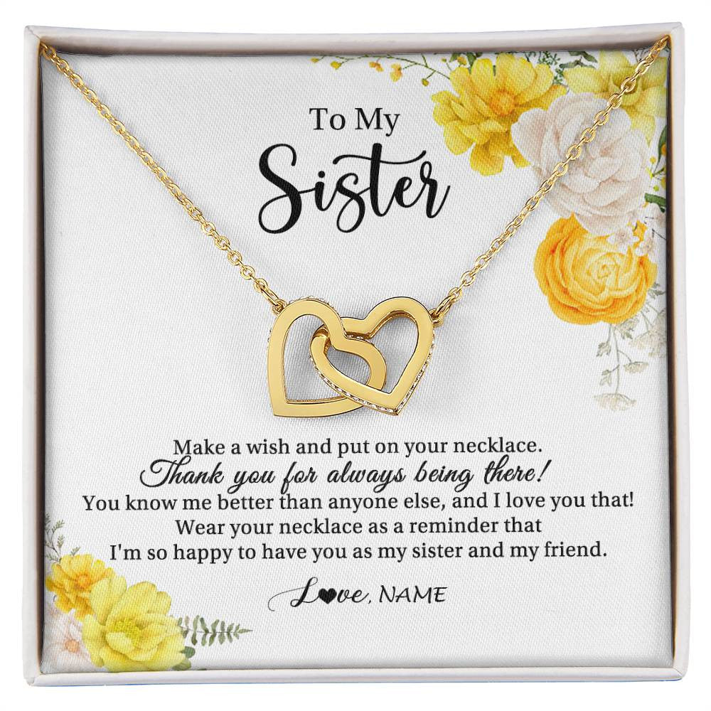 Interlocking Hearts Necklace 18K Yellow Gold Finish | Personalized To My Sister Necklace From Sister My Friend Unbiological Sister Soul Sister Birthday Christmas Graduation Jewelry Customized Gift Box Message Card | siriusteestore